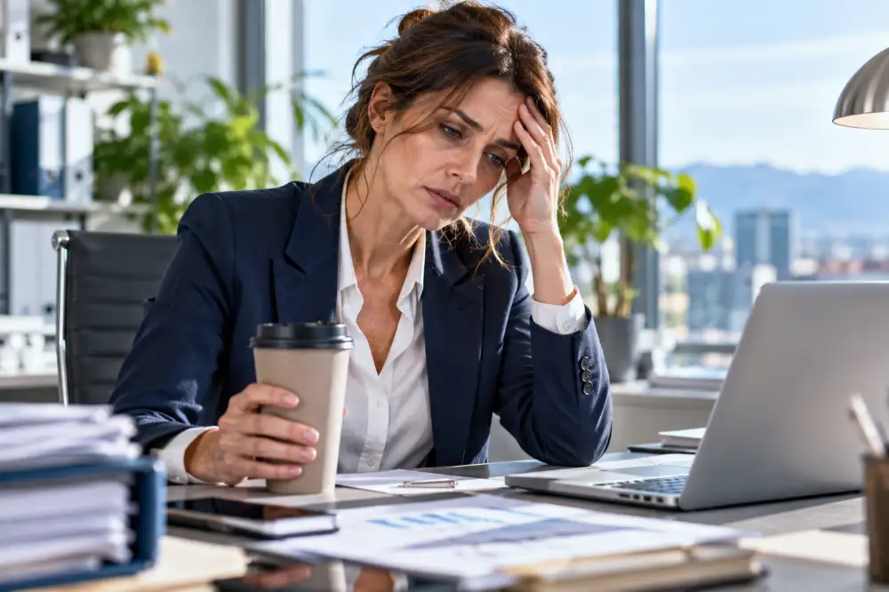 Une femme manager en tailleur, les traits tirés, se tient la tempe à son bureau, un gobelet de café à la main.