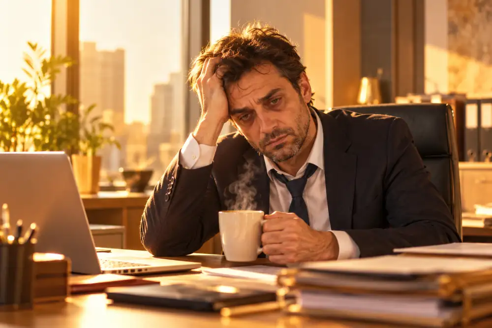 Un manager en costume, le visage épuisé et les yeux cernés, assis à son bureau devant une tasse de café fumant.