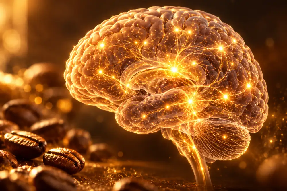 Illustration d'un cerveau humain aux connexions lumineuses, avec des grains de café au premier plan.