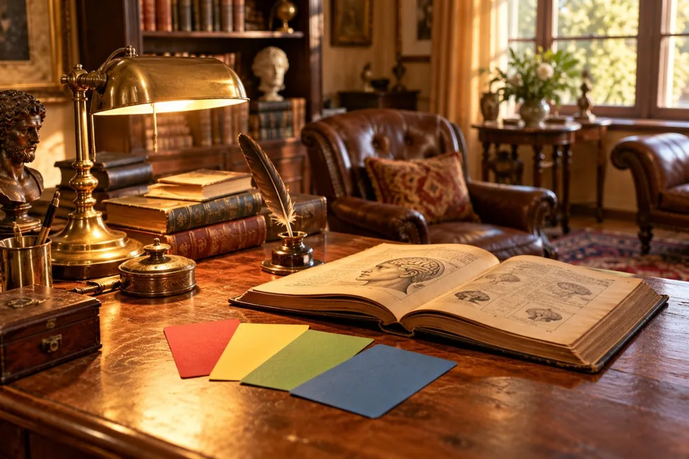 Un bureau de psychologue des années 1930 : un livre ancien ouvert, une plume, une lampe en laiton et quatre fiches colorées, rouge, jaune, verte et bleue, posées sur le bois.