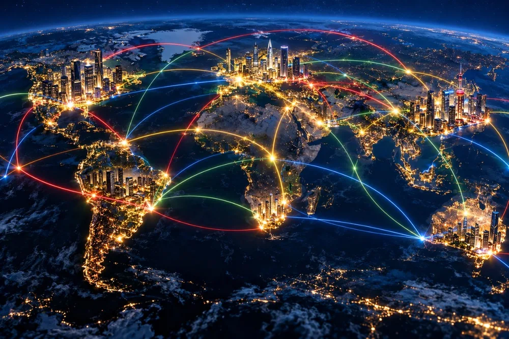Une vue nocturne de grands quartiers d'affaires reliés par des lignes de lumière aux quatre couleurs, rouge, jaune, vert et bleu, autour du globe.