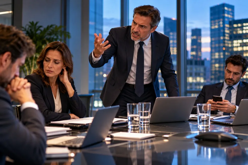 Une réunion tendue : un manager en costume parle fort, une collaboratrice détourne le regard, un autre consulte son téléphone ; lumière froide de fin de journée.