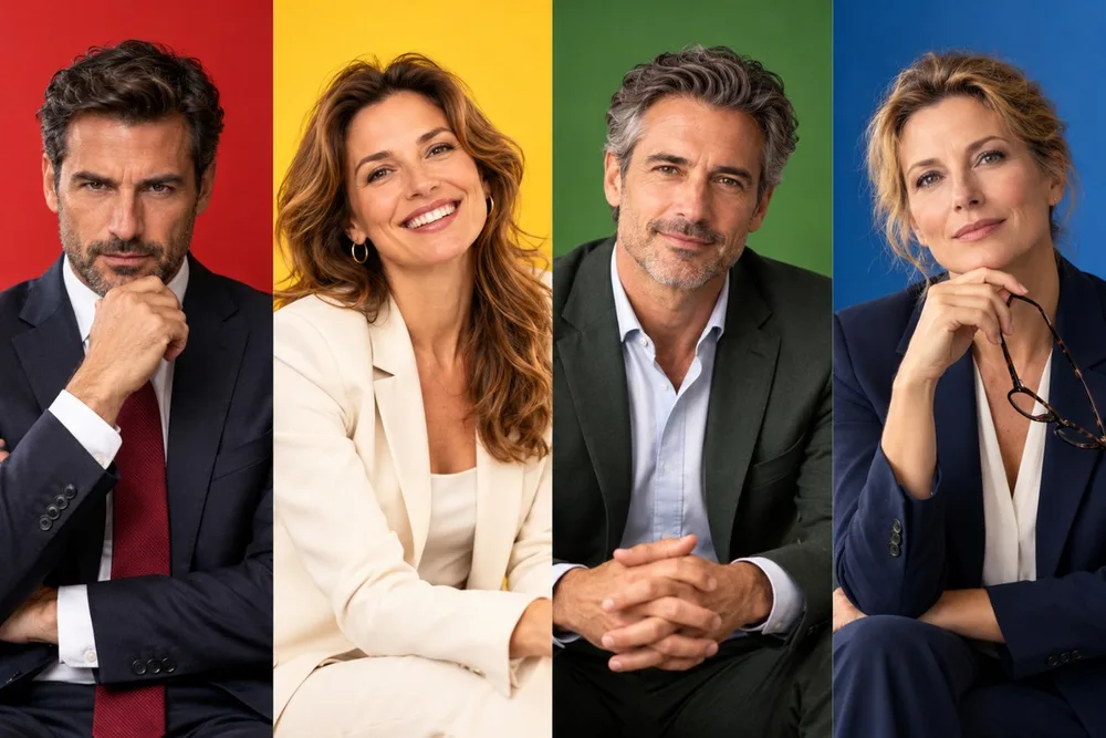 Quatre portraits de managers en tenue de bureau, côte à côte, chacun devant un fond de sa couleur : rouge, jaune, vert, bleu ; expressions qui traduisent chaque style.