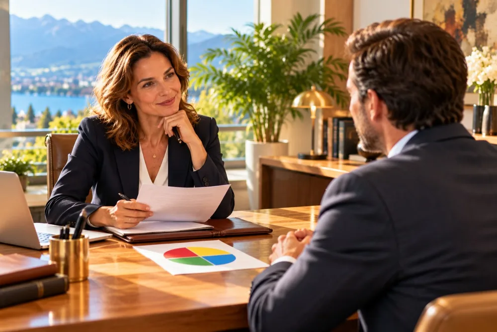 Un entretien de recrutement dans un bureau élégant : une recruteuse en tailleur et un candidat en costume, face à face ; sur la table, une fiche de poste et une roue aux quatre couleurs.
