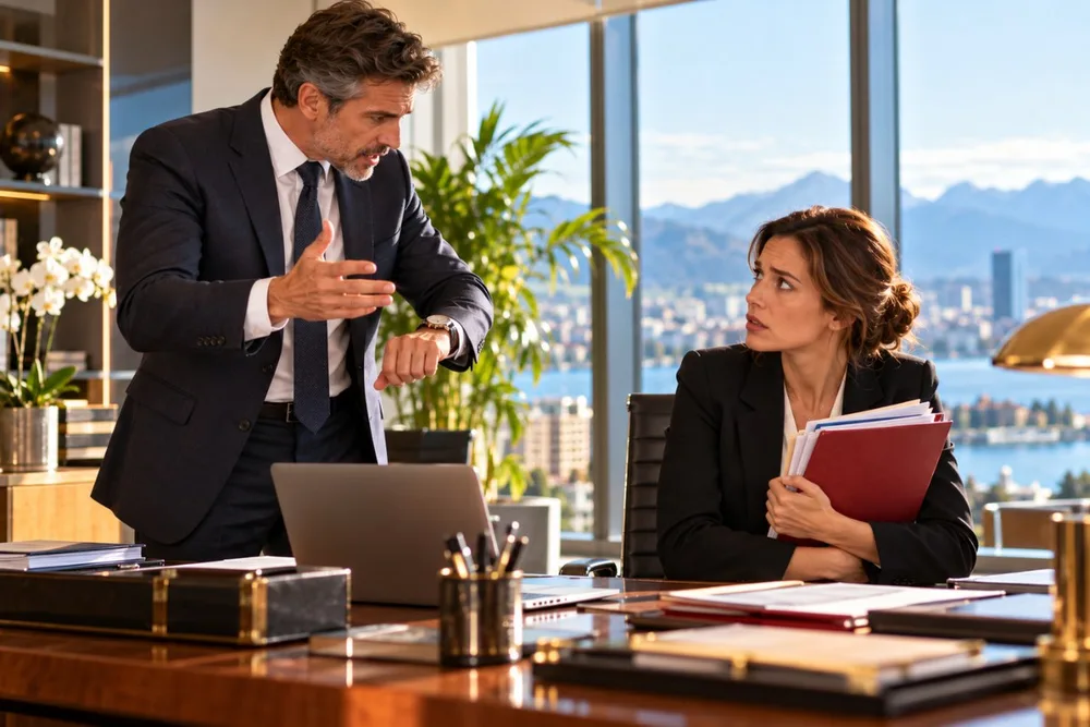 Un directeur en costume, debout, pressé, montre sa montre et parle vite ; face à lui, son assistante de direction, assise, le regard inquiet, serre un dossier contre elle.