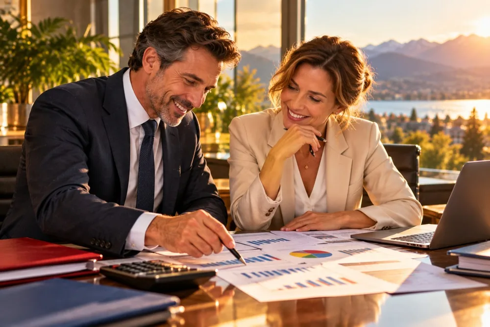 Le même manager et la même contrôleuse de gestion, souriants, penchés ensemble sur un tableau de chiffres clair, dans une lumière chaude.