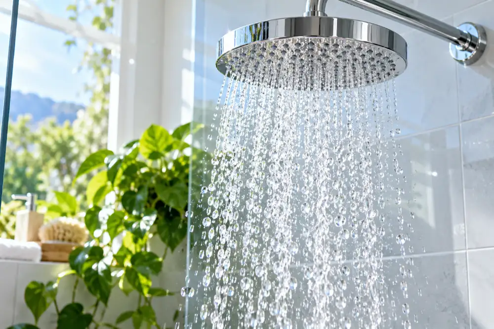 Un pommeau de douche d'où tombe une pluie de gouttes d'eau fraîche, dans une salle de bain claire avec une plante verte.