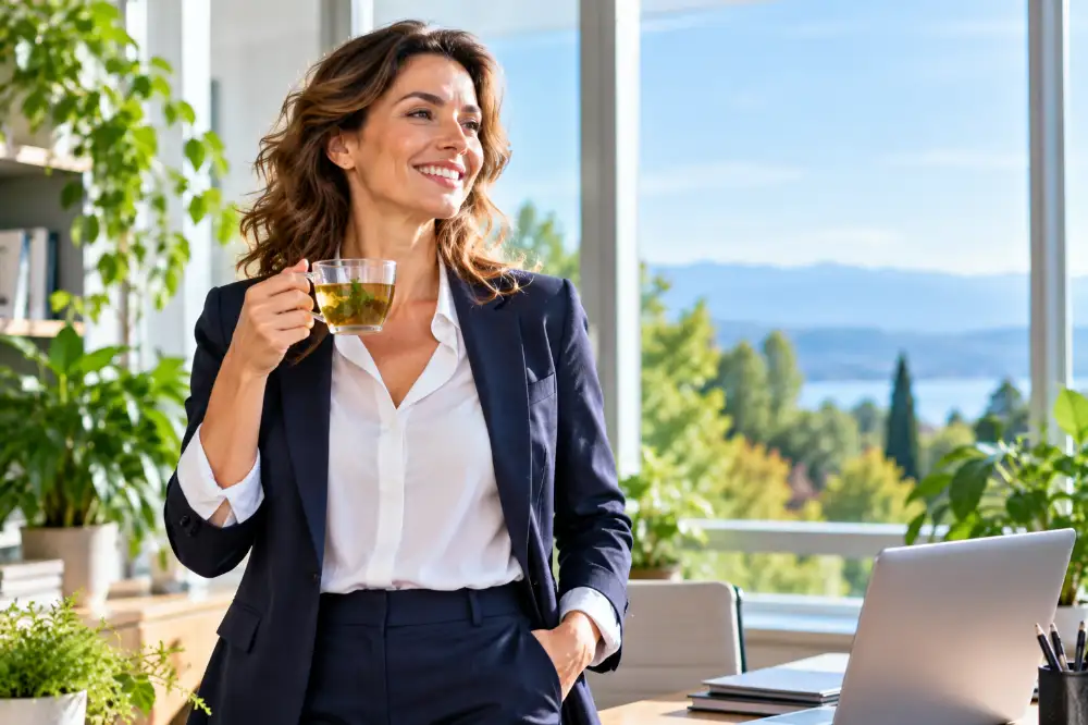 Une femme manager souriante et pleine d'énergie, debout dans son bureau, une tasse de tisane à la main.