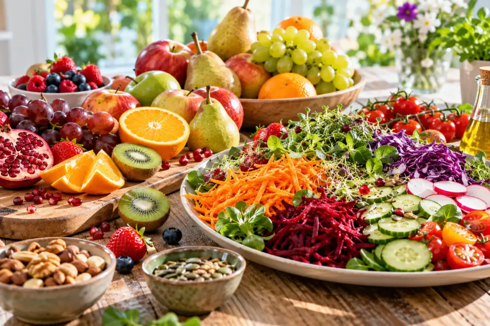 Une table garnie de fruits frais et d'une grande assiette de crudités colorées : carottes râpées, betterave, concombre, radis, chou rouge.