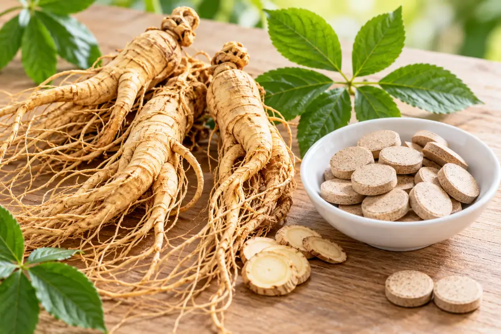 Des racines de ginseng entières et, dans une coupelle blanche, des comprimés ronds de racine de ginseng compressée.