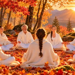 Florence Lacaze et un groupe en méditation dans la forêt d'automne