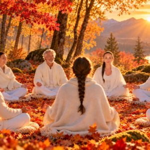 Groupe en méditation dans une forêt d'automne – jeûne de l'équinoxe avec Florence Lacaze