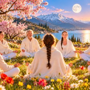 Groupe en méditation dans une prairie fleurie au printemps – jeûne de l'équinoxe avec Florence Lacaze