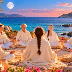 Florence Lacaze et un groupe en méditation au bord de la mer au solstice d'été