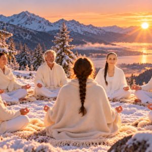 Florence Lacaze et un groupe en méditation dans la neige au solstice d'hiver