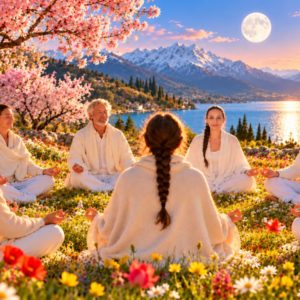 Florence Lacaze et un groupe en méditation sous les cerisiers en fleurs au printemps