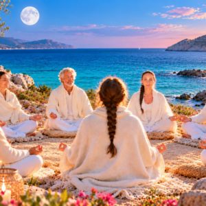 Groupe en méditation au bord de la mer sous la pleine lune – jeûne du solstice d'été avec Florence Lacaze