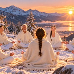 Groupe en méditation dans la neige au lever du soleil – jeûne spirituel du solstice d'hiver avec Florence Lacaze