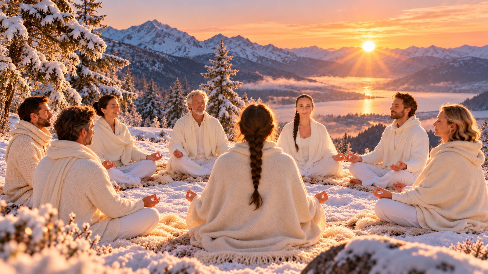 Groupe en méditation dans la neige au lever du soleil – jeûne spirituel du solstice d'hiver