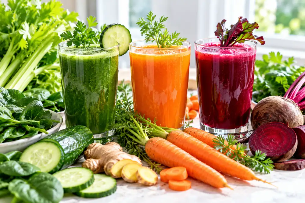 Trois verres de jus de légumes frais, vert, orange et rouge, entourés de céleri, d'épinards, de concombre, de carottes, de gingembre et de betteraves.