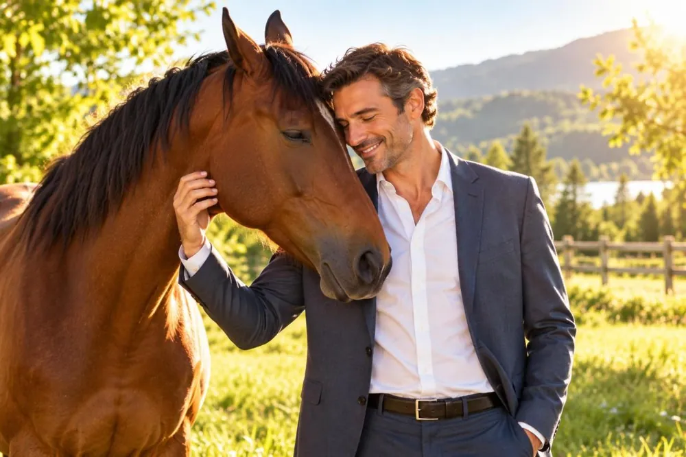 Un manager en veste, souriant, les yeux fermés. Un cheval brun pose la tête contre son épaule, dans un pré au soleil.