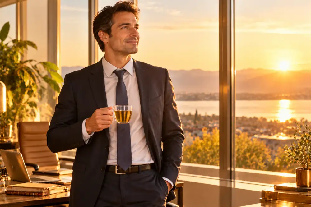 Le manager du début de l'article, reposé et souriant, debout devant une baie vitrée au lever du soleil, une tasse de tisane à la main.