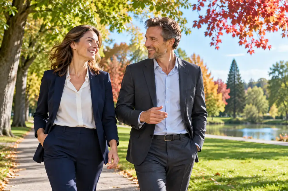 Une femme et un homme marchent d'un bon pas dans l'allée d'un parc, souriants.