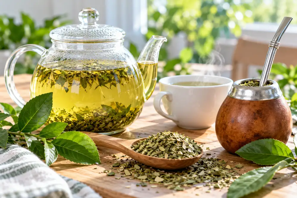 Une théière en verre remplie d'infusion de maté, une tasse blanche, une cuillère en bois pleine de feuilles de maté séchées et une calebasse avec sa paille en métal.