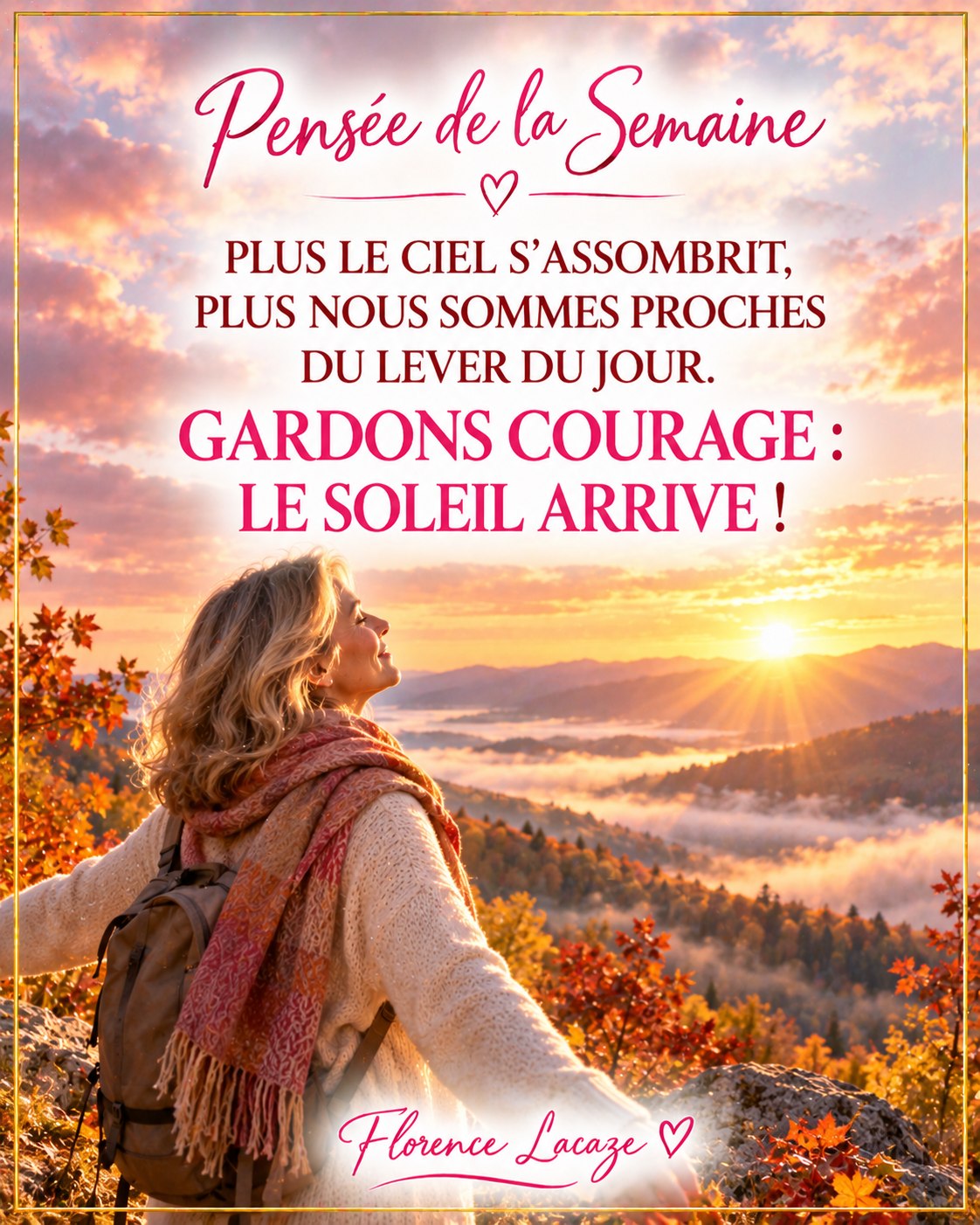 Pensée de la semaine : plus le ciel s'assombrit, plus nous sommes proches du lever du jour. Gardons courage : le soleil arrive !