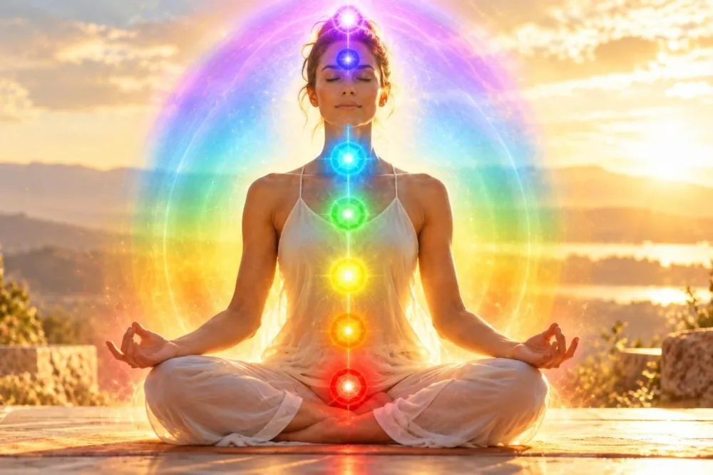 Une femme assise en méditation au soleil levant. Sept sphères de lumière sont alignées le long de sa colonne, du rouge à la base au violet au sommet, dans un halo arc-en-ciel.
