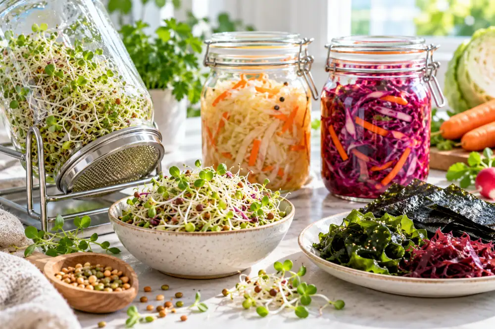 Un bocal germoir rempli de graines germées, deux bocaux de légumes lactofermentés et une assiette d'algues.