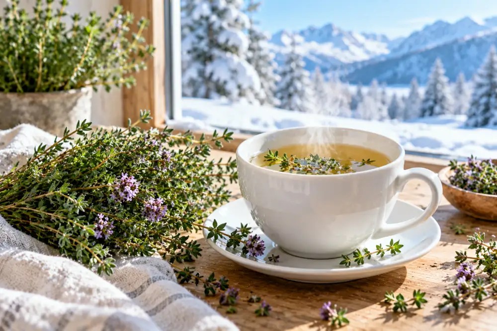 Une tasse blanche de tisane de thym fumante et un bouquet de thym frais, devant une fenêtre donnant sur un paysage enneigé.